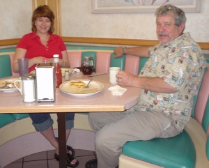 Laura and her dad at Louis Burgers in Lancaster.